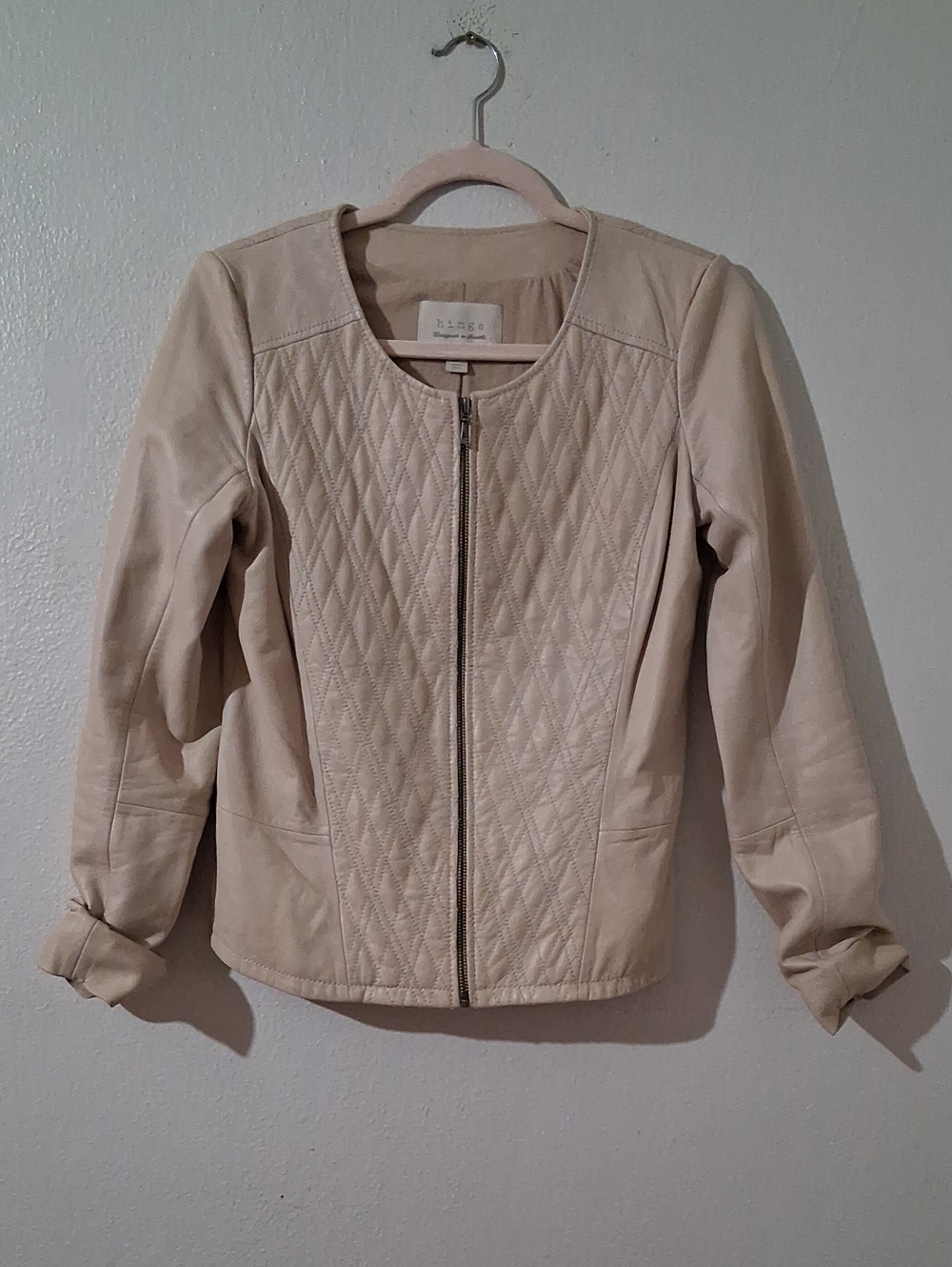 Cream Cropped Quilted Leather Zip-Front Jacket